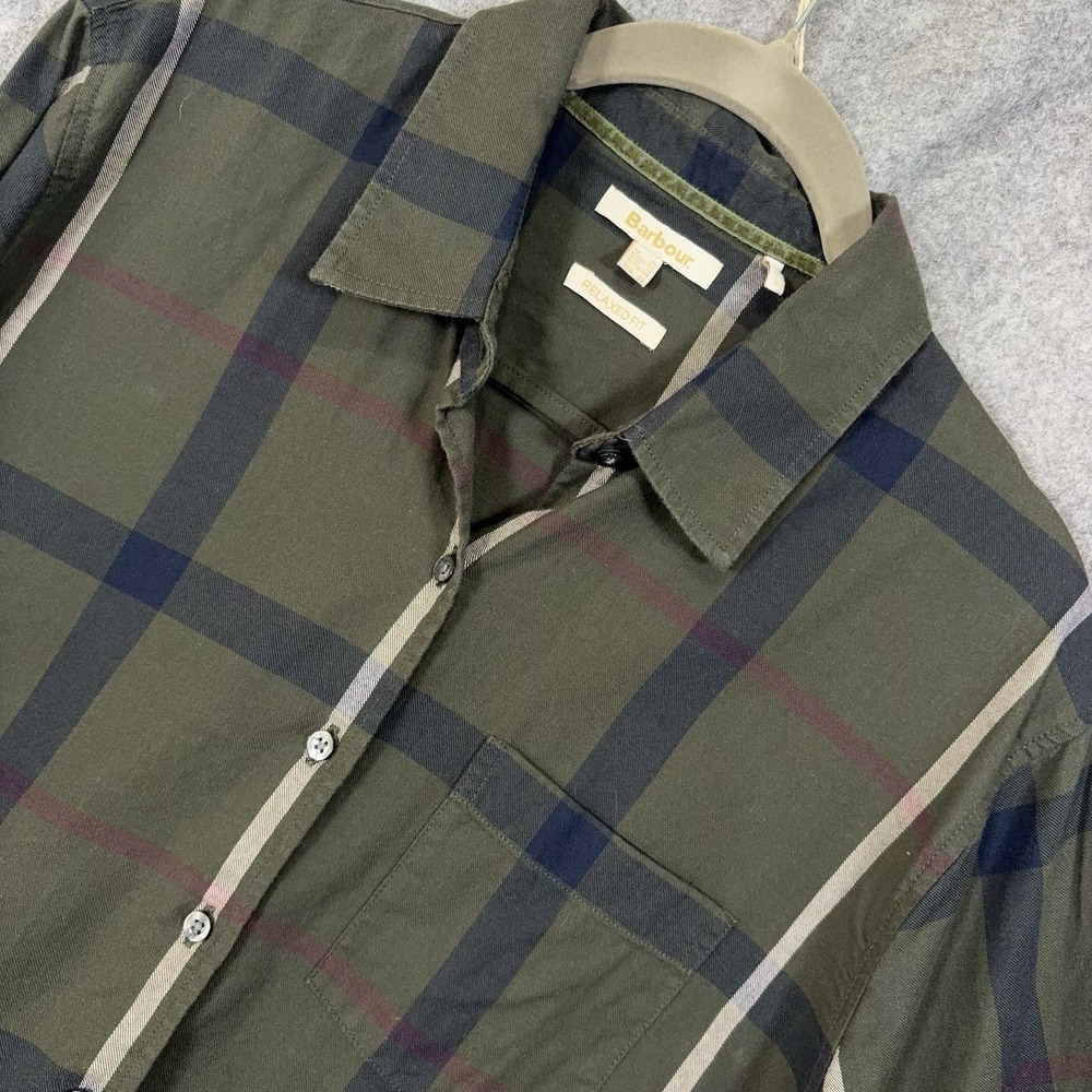 Barbour Oxer Check Shirt Womens Sz 12 Green Blue Pocket Relaxed Fit